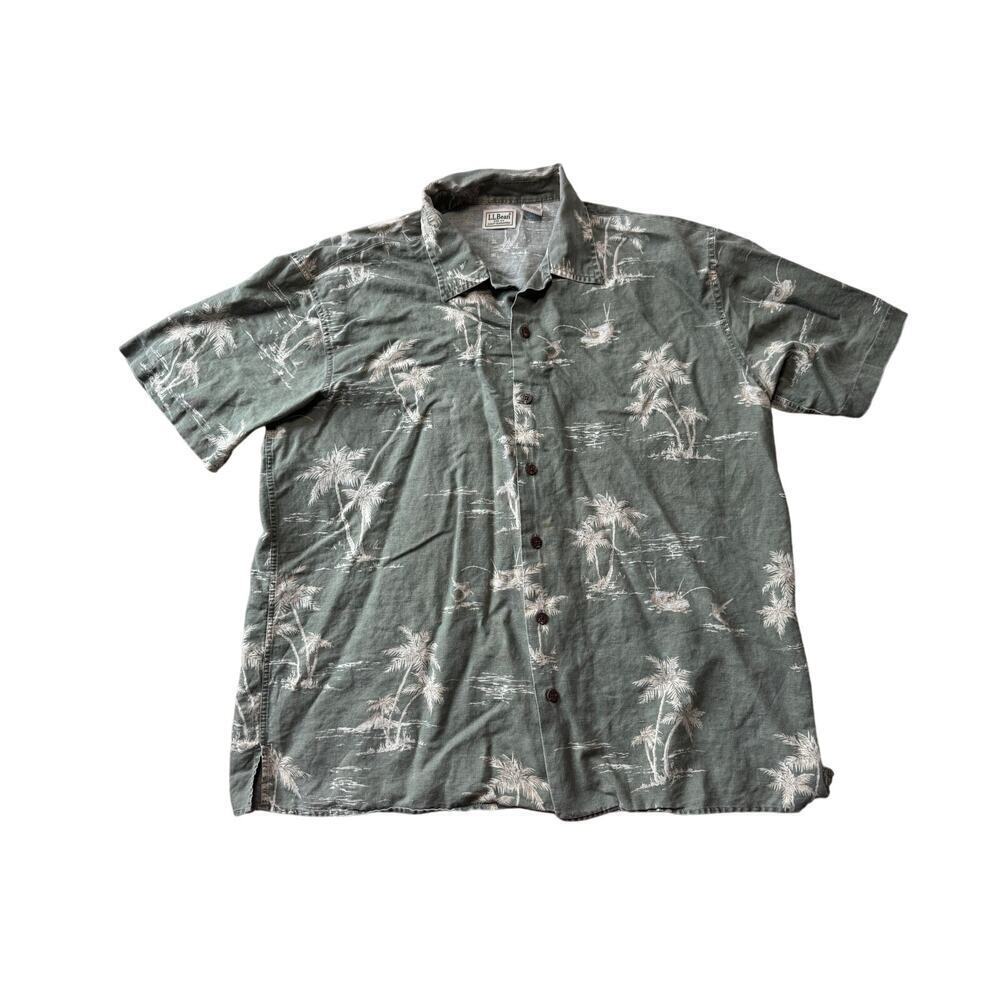 L.L. Bean Mens Linen Blend short sleeve shirt, LARGE, Green & Tan tropical Trees